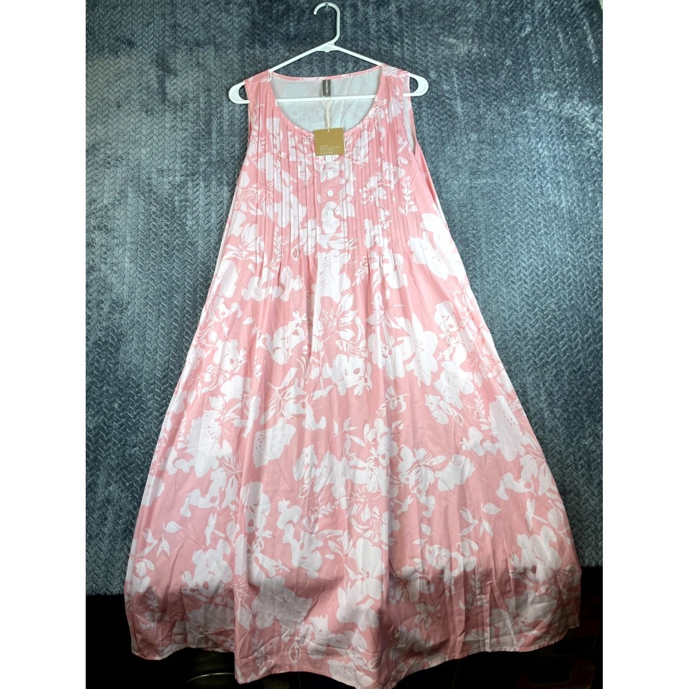 Noracora Maxi Dress Womens XL Pink White Floral Pintuck Pleat Detail Sleeveless